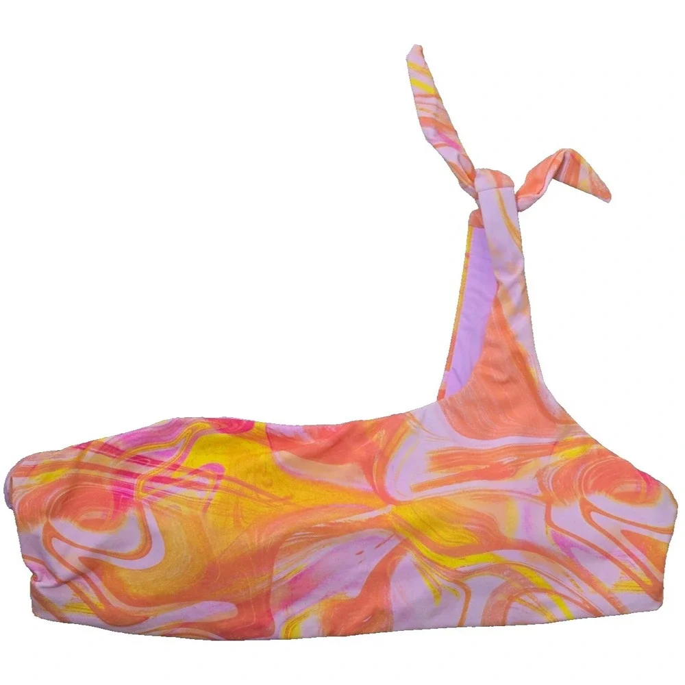 Aqua Swim One Shoulder Tie Marble Swirl Bikini Top‎ Women's M Pink Multi